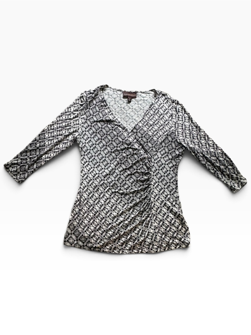 Dana Bucham Woman’s 3/4 sleeve faux wrap top in grey, black & white.